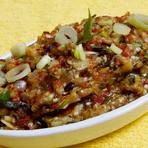 Baingan bharta, smoked mashed aubergine with spring onion